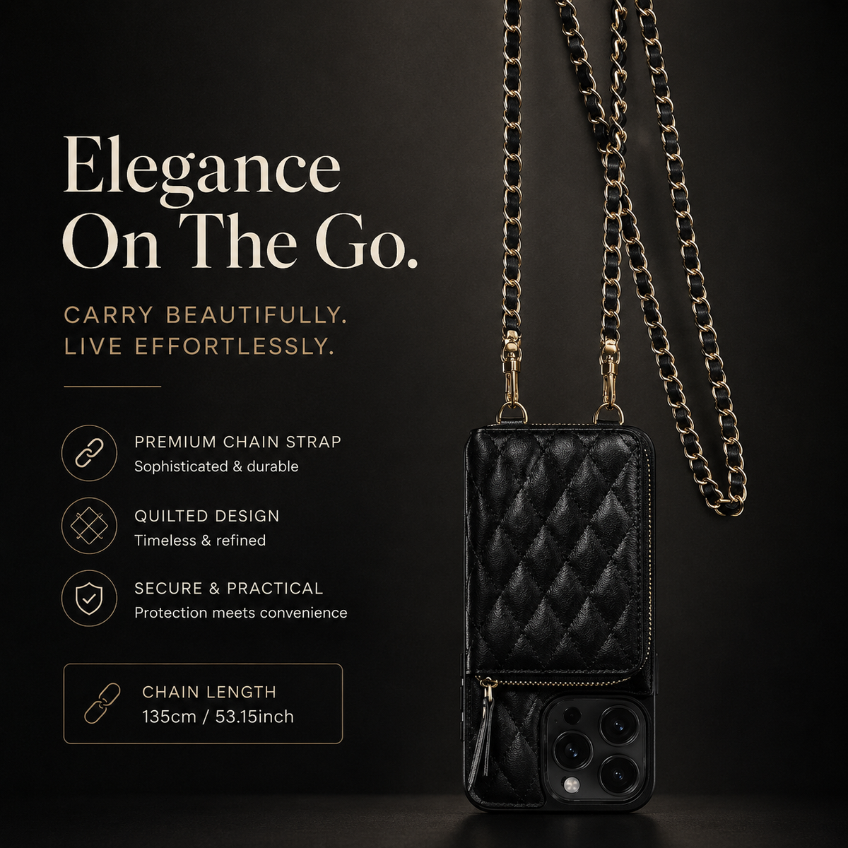 Black quilted phone wallet hangs vertically from a gold-colored chain against a dark background. Text highlights the chain strap and lists a length of 135 cm or 53.15 inches.