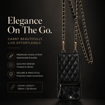 Black quilted phone wallet hangs vertically from a gold-colored chain against a dark background. Text highlights the chain strap and lists a length of 135 cm or 53.15 inches.