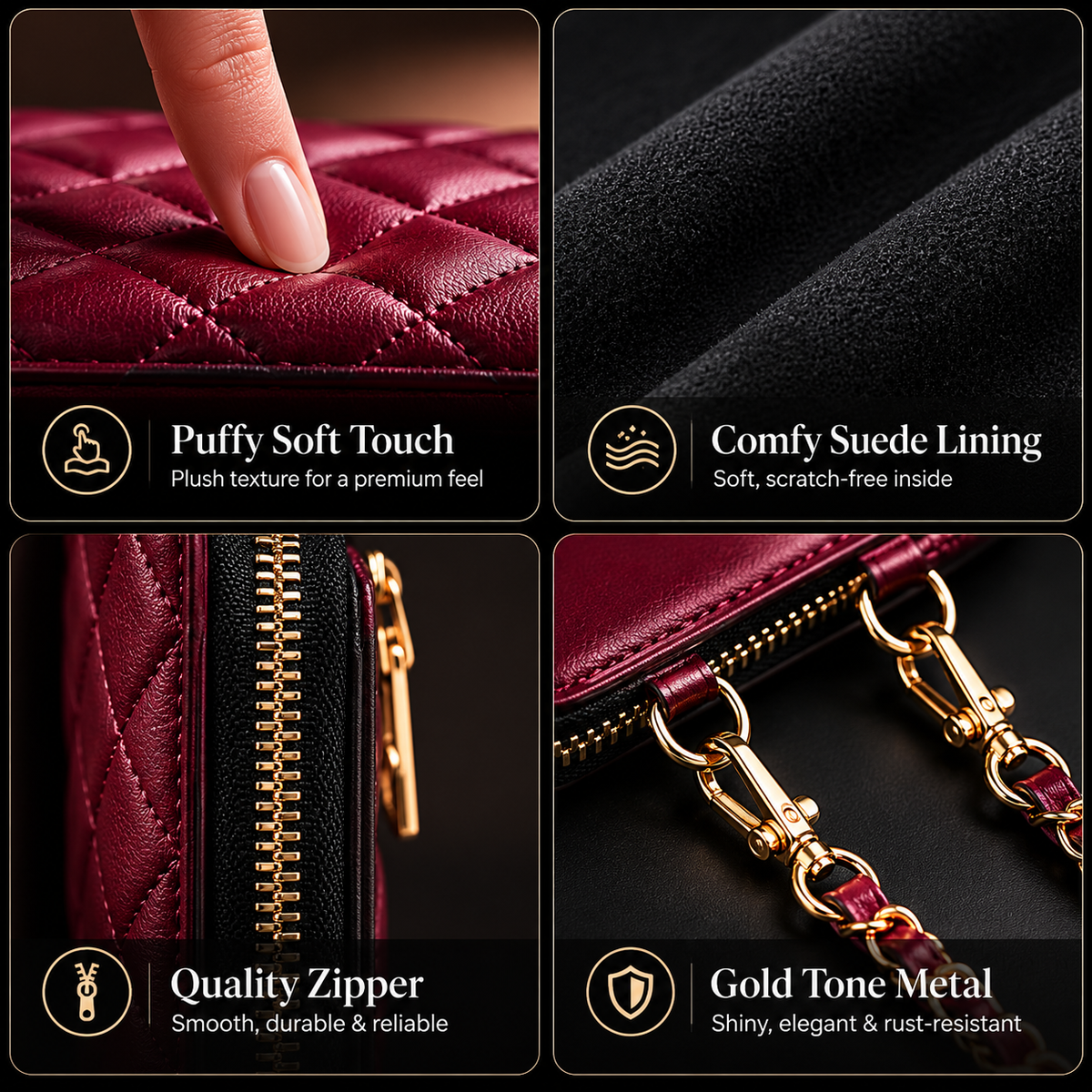 Four burgundy-case detail panels show a finger pressing the padded quilted surface, dark fabric lining, a gold-colored zipper, and detachable chain clasps.