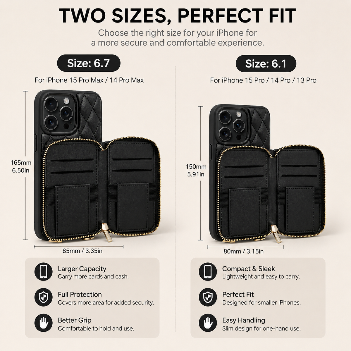 Side-by-side open black phone wallets compare 6.7-inch and 6.1-inch sizes. Dimension labels show 165 by 85 mm and 150 by 80 mm, respectively, with cards slots and pockets visible.