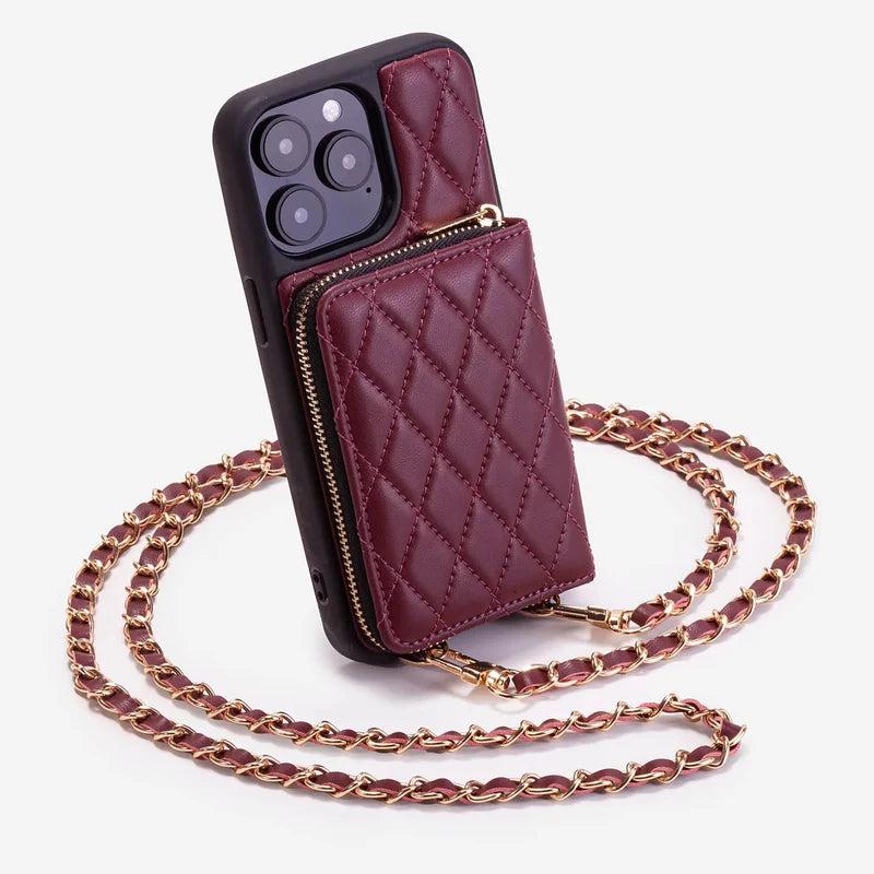 Premium iPhone Case Faux Leather Crossbody Card Holder Cover Diamond Stitch Chain Strap Portable Shockproof Non Slip Design