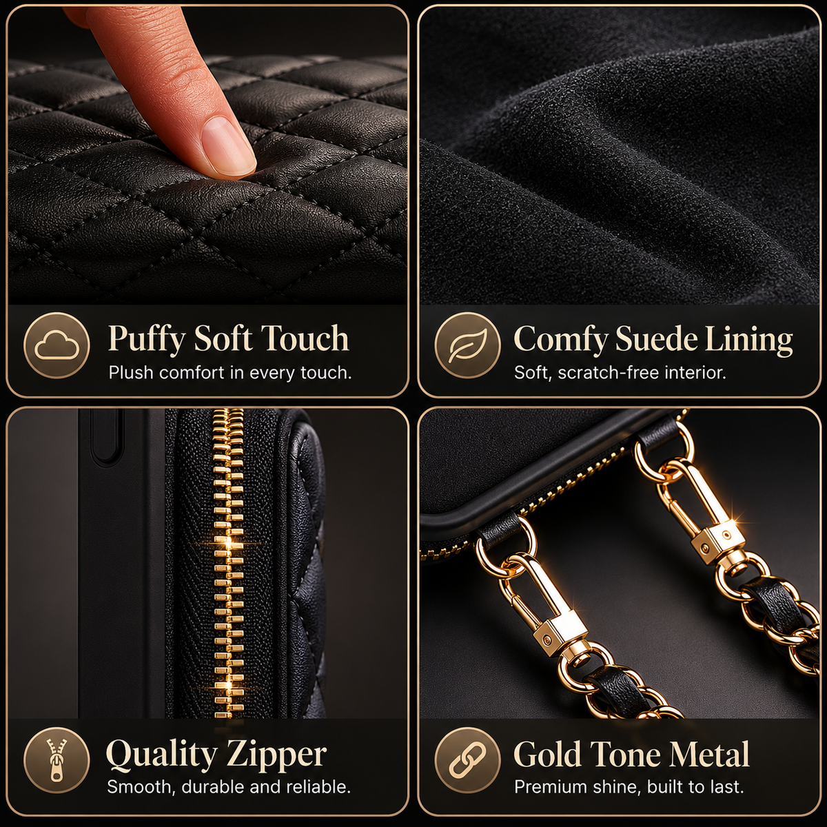 Four black-case detail panels show a finger pressing the padded quilted surface, dark fabric lining, a gold-colored zipper, and detachable gold-colored chain clasps.