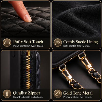 Four black-case detail panels show a finger pressing the padded quilted surface, dark fabric lining, a gold-colored zipper, and detachable gold-colored chain clasps.