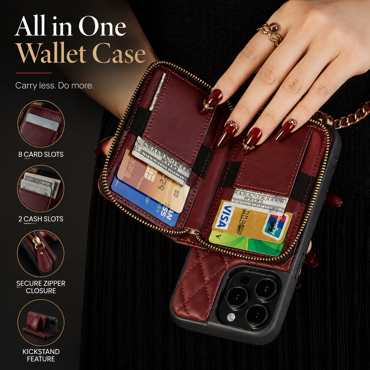 Hands open a burgundy zippered phone wallet containing cards and cash. Text lists eight card slots, two cash slots, secure zipper closure, and a kickstand feature.