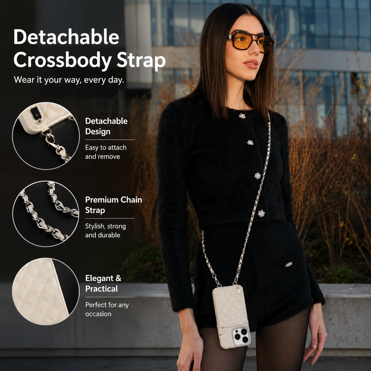 A woman wearing glasses and a black outfit carries a cream phone wallet on a chain across her body. Insets show a detachable clasp, chain links, and quilted texture.