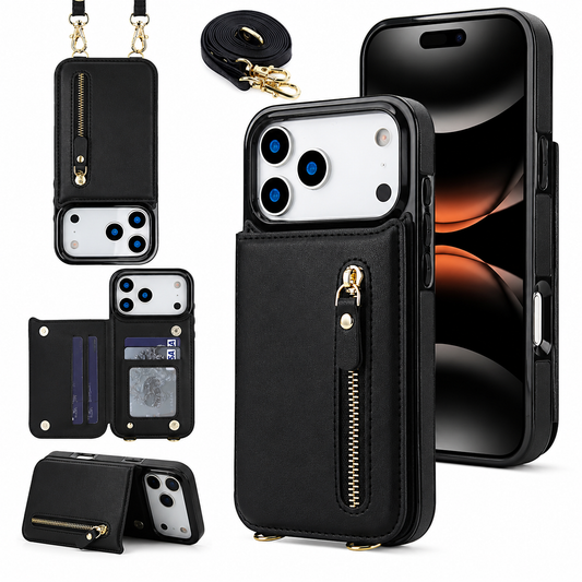 A collage shows a black stitched wallet phone case from front and back, open, folded into a stand and hanging from a long strap. A gold-colored zipper runs vertically along the rear wallet panel.