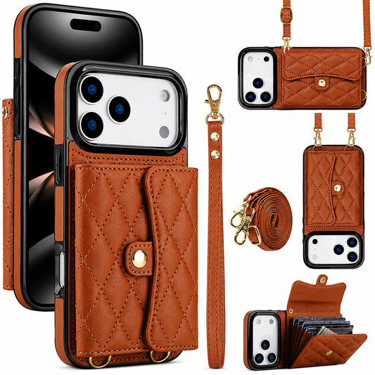 A brown quilted wallet case is shown with matching straps, horizontal and vertical wearing positions and an open card compartment.