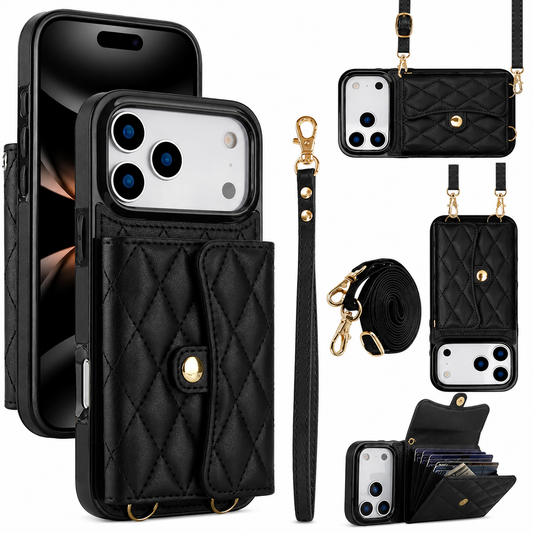 Front and rear views of a black quilted wallet case appear beside wrist and shoulder straps, landscape and portrait strap positions, and an open accordion card compartment.