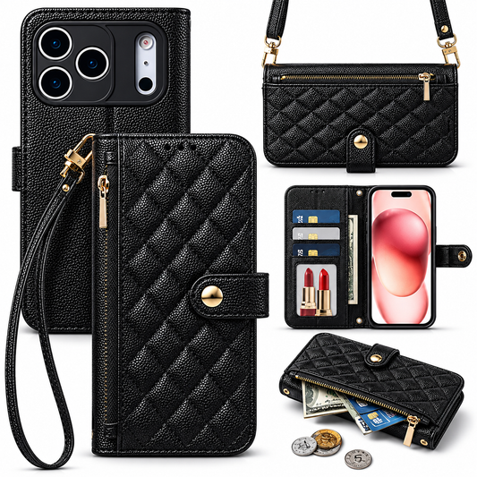 A collage shows a black quilted wallet phone case closed, open, worn horizontally on a strap and unzipped with cards and cash protruding. Gold-colored fittings and a wrist strap decorate the stitched exterior.