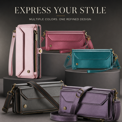 Pink, burgundy, teal, black and purple wallet cases are arranged on dark display platforms, some upright and others horizontal with straps. The heading reads Express Your Style.