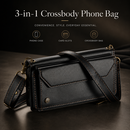 A black wallet case lies horizontally with its shoulder strap draped across the stitched front flap. Icons label phone case, card slots and crossbody bag under 3-in-1 Crossbody Phone Bag.