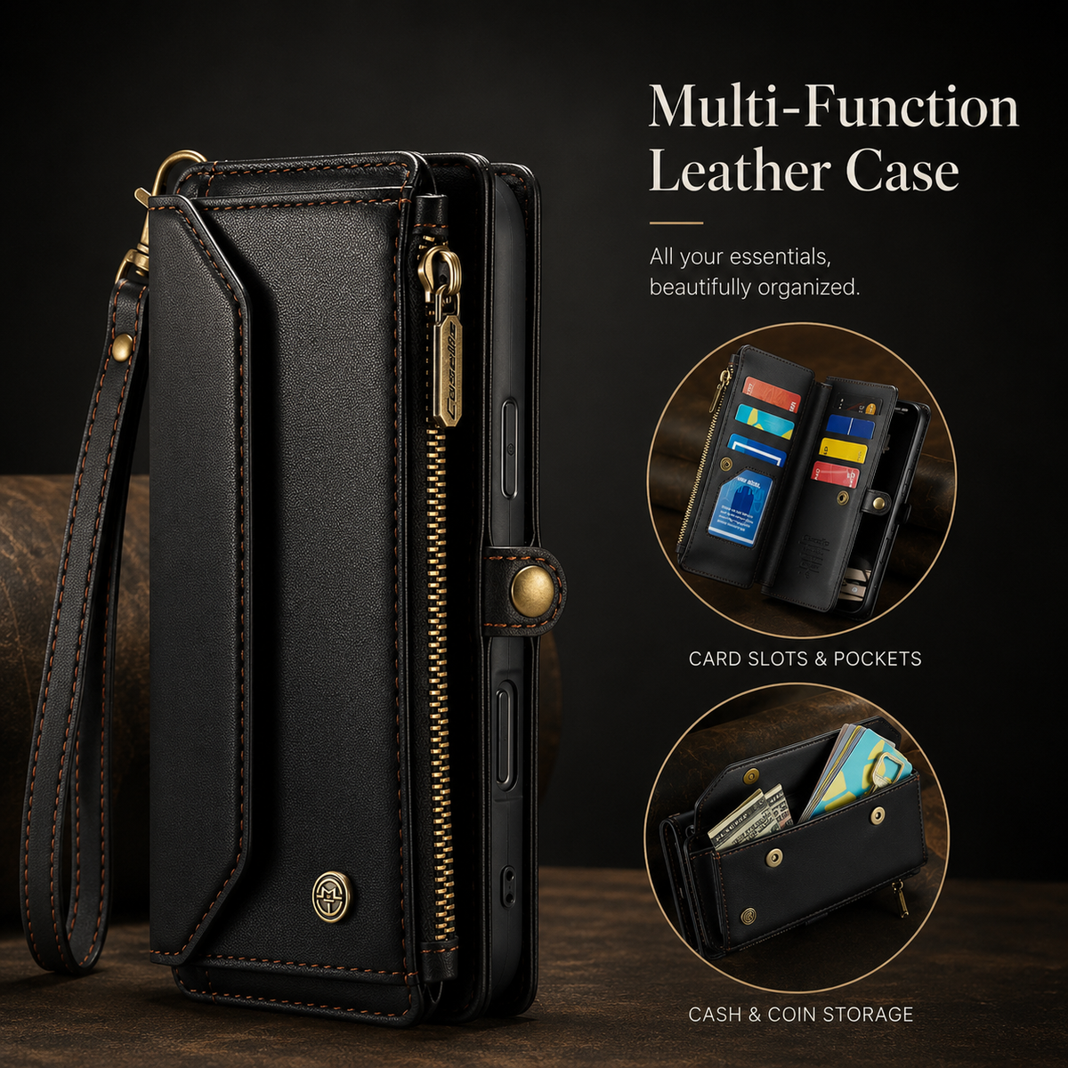 A black wallet case stands upright beside circular insets showing filled card-slot panels and a cash-and-coin pocket. Text labels it a multifunction leather case.