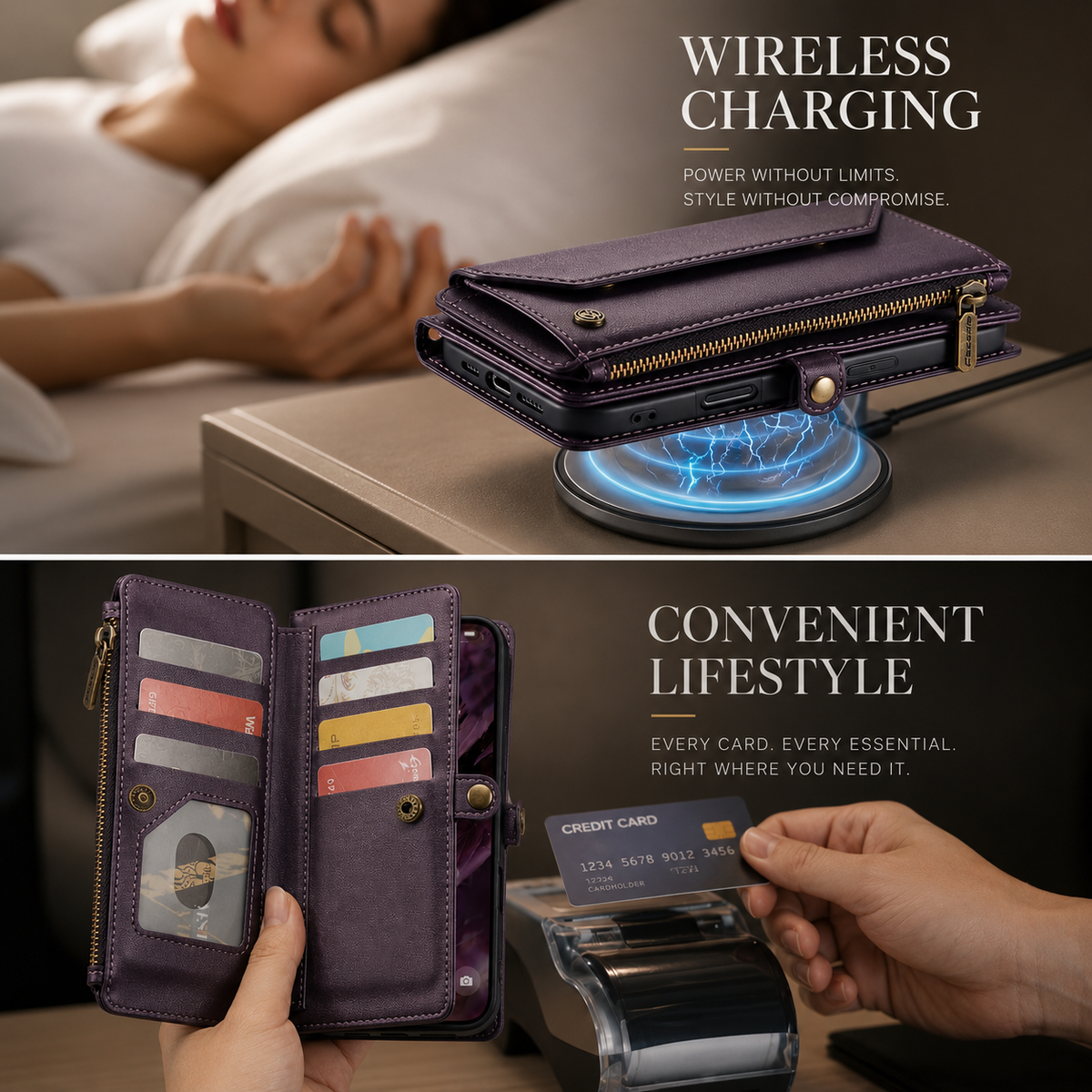 A purple wallet case rests on a glowing round wireless charger beside a reclining person. Below, hands hold an open card-filled case and a credit card near a payment terminal.