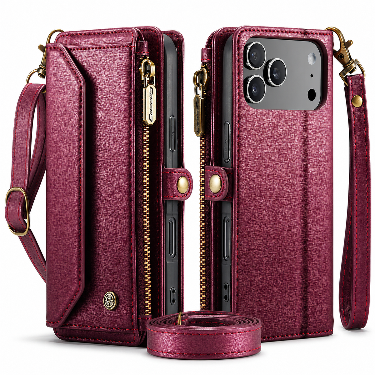 Front and rear views of a burgundy wallet phone case stand beside matching wrist and shoulder straps. Its stitched flap, gold-colored zipper and large camera opening are visible.