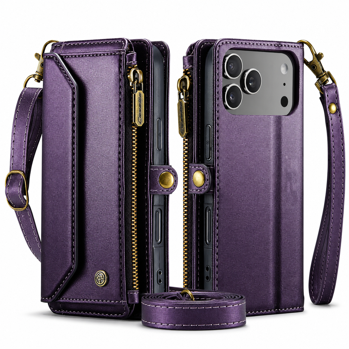 Front and rear views of a purple wallet phone case stand beside matching straps. Gold-colored zippers, clips and a snap tab contrast with its purple stitched panels.