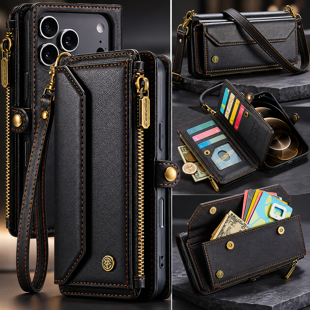 A black wallet phone case is shown closed beside smaller views of its shoulder strap, open card-slot panels and cash pocket filled with cards and banknotes.