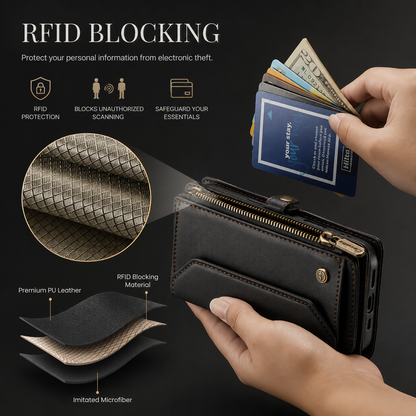 Hands hold cards and banknotes above a black wallet case. An inset shows layered material, while the heading RFID Blocking advertises protection from unauthorized scanning.