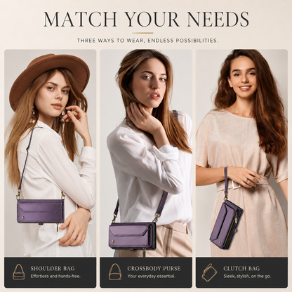 Three women demonstrate a purple wallet case worn as a shoulder bag, crossbody purse and handheld clutch. The heading reads Match Your Needs.