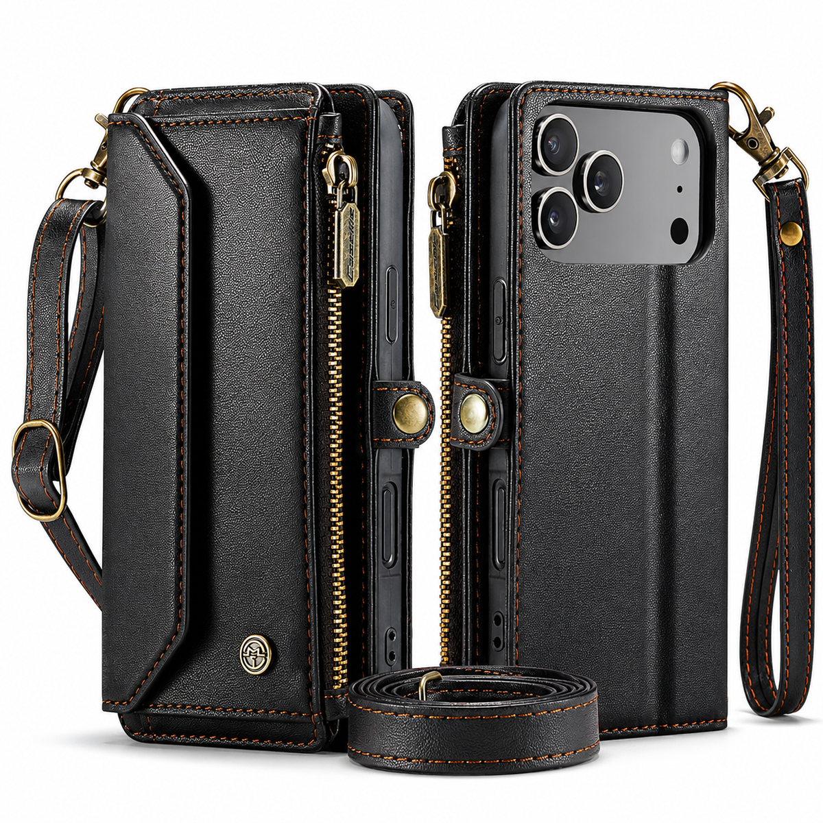 Front and rear views of a black wallet phone case stand beside a wrist strap and coiled shoulder strap. Brown stitching, gold-colored zippers, clips and a snap tab outline its flap and camera opening.