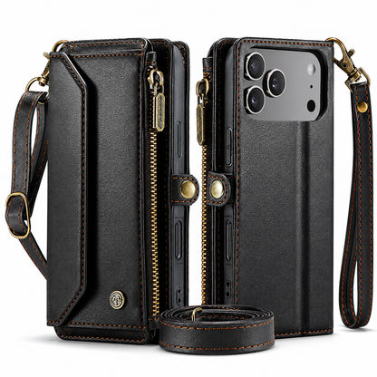Front and rear views of a black wallet phone case stand beside a wrist strap and coiled shoulder strap. Brown stitching, gold-colored zippers, clips and a snap tab outline its flap and camera opening.