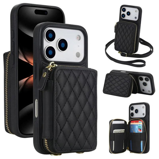A black phone case with a diamond-quilted zippered wallet appears from several angles on white. Insets show a long strap, a horizontal stand position and an open wallet with cards.