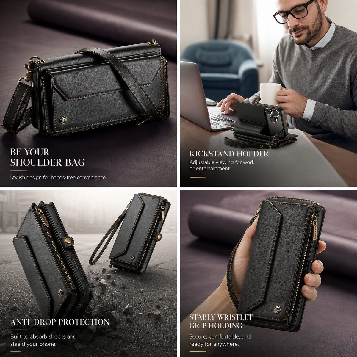 Four panels show a black wallet case as a shoulder bag, propped at a laptop, illustrated falling and held by its wrist strap. Text describes these carrying and stand functions.