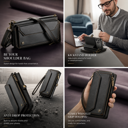Four panels show a black wallet case as a shoulder bag, propped at a laptop, illustrated falling and held by its wrist strap. Text describes these carrying and stand functions.