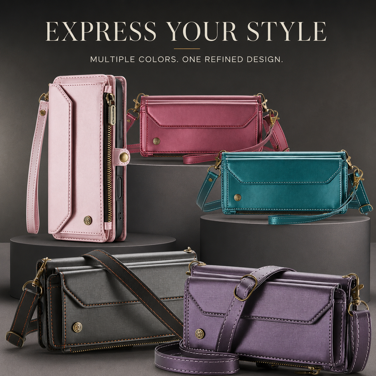 Pale pink, burgundy, teal, black and purple wallet phone cases sit on staggered dark platforms, displaying front flaps, shoulder straps and zippered edges.