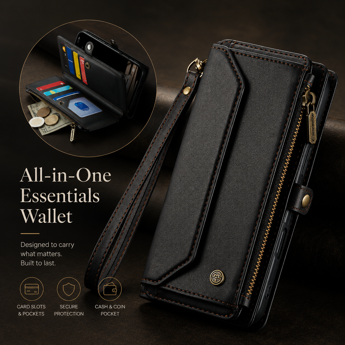 A black wallet phone case stands closed beside an inset of its open card organizer and coins. Text advertises card slots, secure protection and a cash-and-coin pocket.