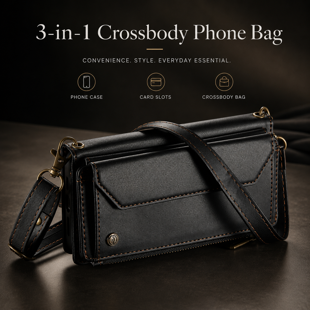 A black wallet phone case rests horizontally with its shoulder strap draped across it. Text labels it a 3-in-1 crossbody phone bag with a case and card slots.