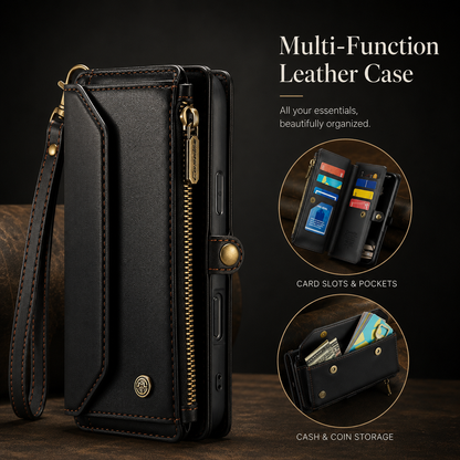 A closed black wallet phone case stands beside insets of card slots and an outer cash pocket holding cards and banknotes. Text describes multiple storage functions.