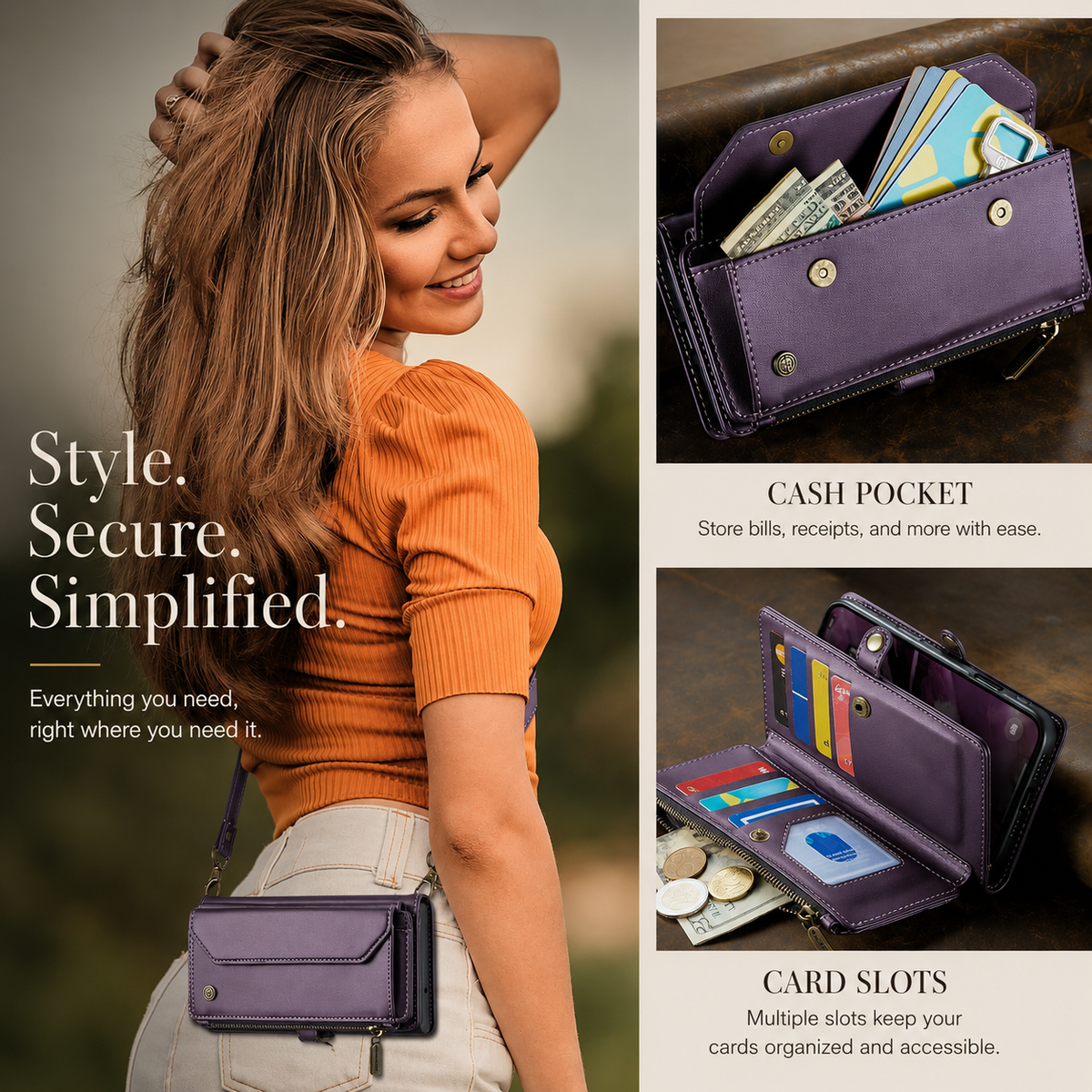 A woman in an orange top wears a purple wallet case across her body. Insets show its cash pocket and open card organizer with cards and coins.