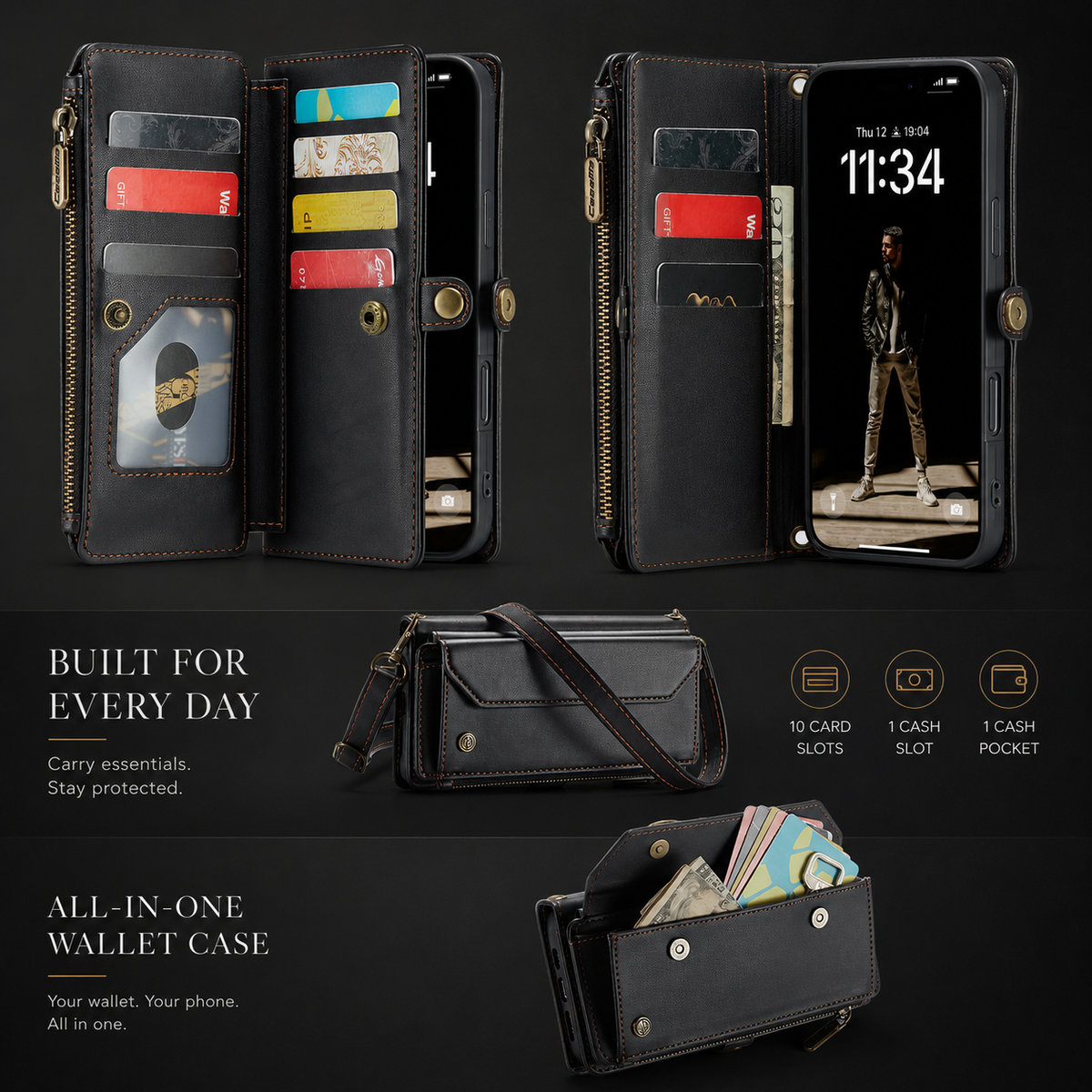 An open black wallet case displays cards, banknotes, clear windows and a phone screen beside a closed shoulder-bag view and open cash pocket.