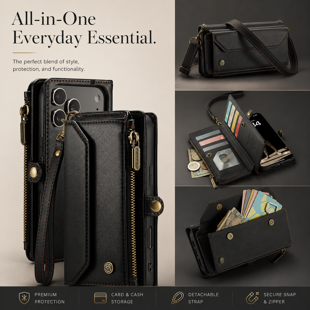 A collage shows a black wallet case from front and rear, as a shoulder bag, open with cards and coins, and with its cash pocket filled. Text advertises storage and a detachable strap.