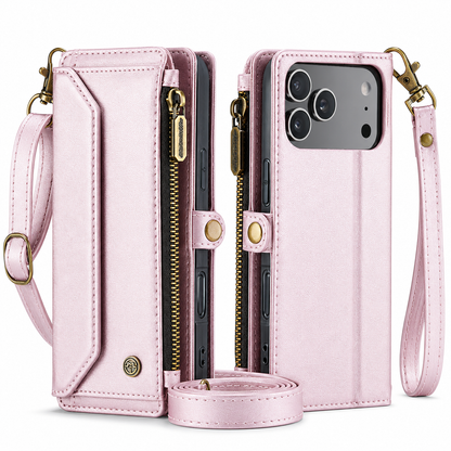 Front and rear views of a pale pink wallet phone case stand on white with a wrist strap and rolled shoulder strap, showing brass-colored zippers and snap tabs.