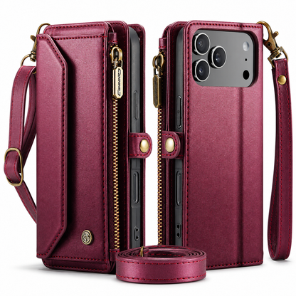 Front and rear views of a burgundy wallet phone case stand on white with a wrist strap and rolled shoulder strap, showing brass-colored zippers and snap tabs.