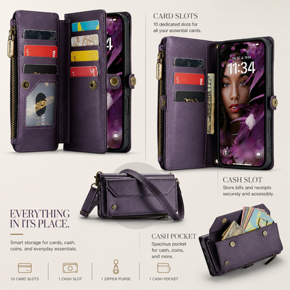 Open purple wallet cases display cards, banknotes, clear windows and phone screens beside a closed bag and outer cash pocket. Text lists ten card slots, one cash slot and a zipper purse.