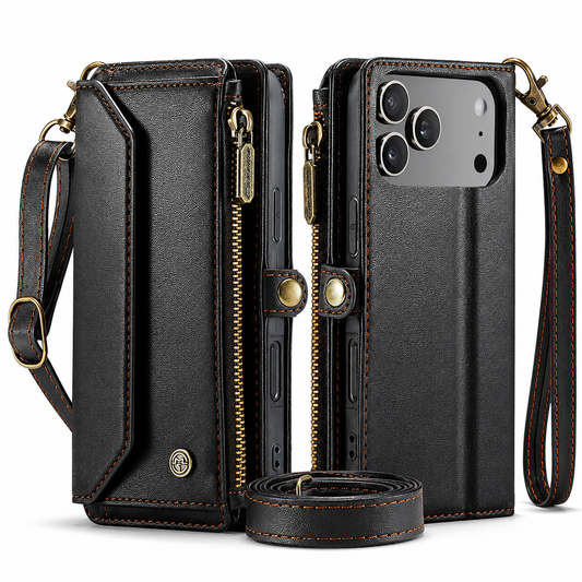 Front and rear views of a black wallet phone case stand on white with a wrist strap and rolled shoulder strap. Brass-colored zippers, snap tabs and brown stitching line the edges.