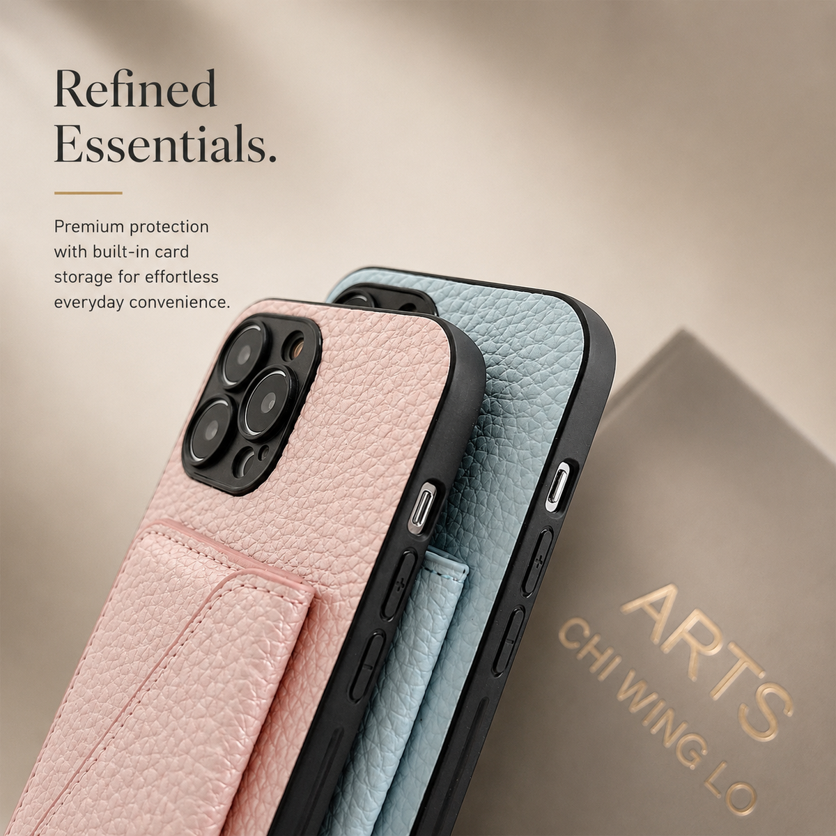 Close-up of pink and blue pebbled cases held together shows their raised rear pockets, black side edges, covered buttons, and elongated control openings.