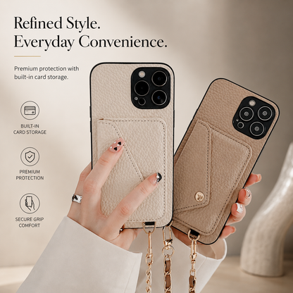 Hands hold cream and taupe phone wallets upright side by side, showing envelope-shaped rear pockets and attached gold-colored chains. Text highlights storage, protection, and grip.