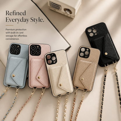 Five pebbled phone wallets arranged on beige in blue, pink, cream, taupe, and black. Their envelope pockets are closed, and woven gold-colored chains trail downward.