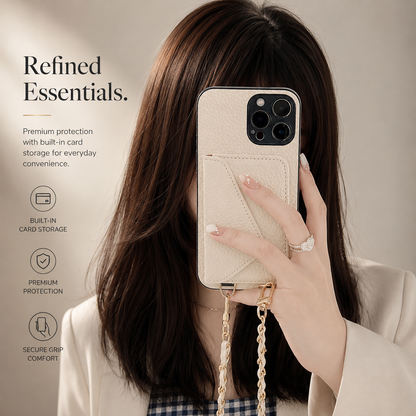 A woman holds a cream phone wallet in front of her face, showing the rear card pocket, three-camera opening, and gold-colored chain. Text highlights card storage and grip.