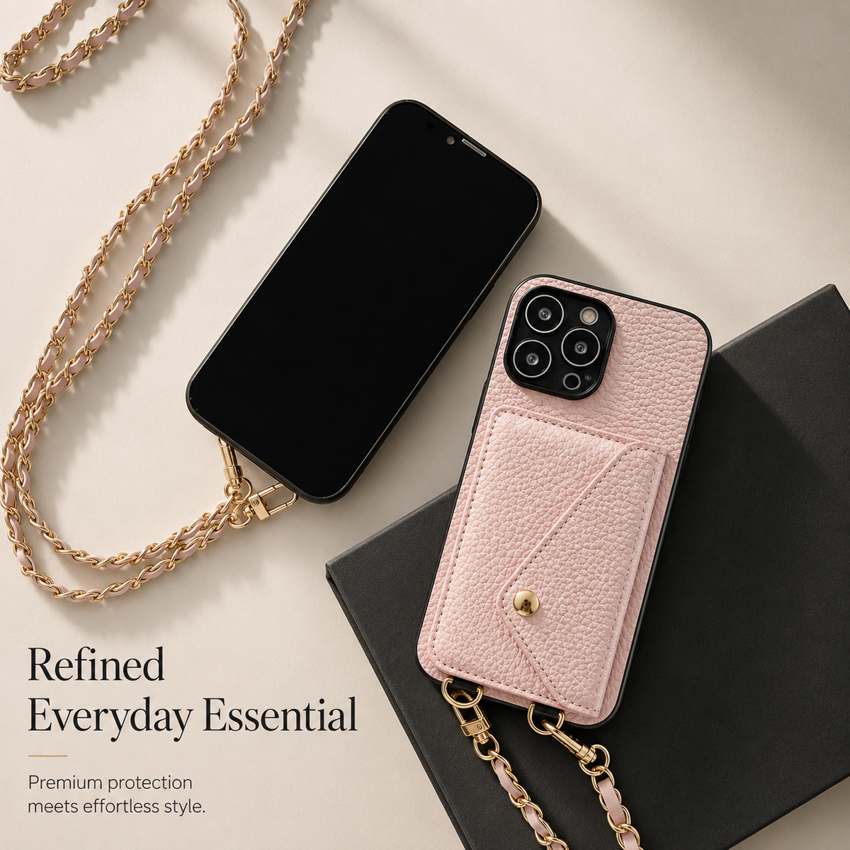 Pink phone wallet lies rear-forward beside a screen-forward phone, book, and woven gold-colored chain on a beige surface. Text highlights protection and everyday style.