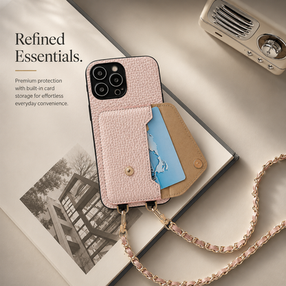 Pink phone wallet lies on a book with its rear pocket open and a blue card visible. A woven chain extends across the table beside text about card storage.
