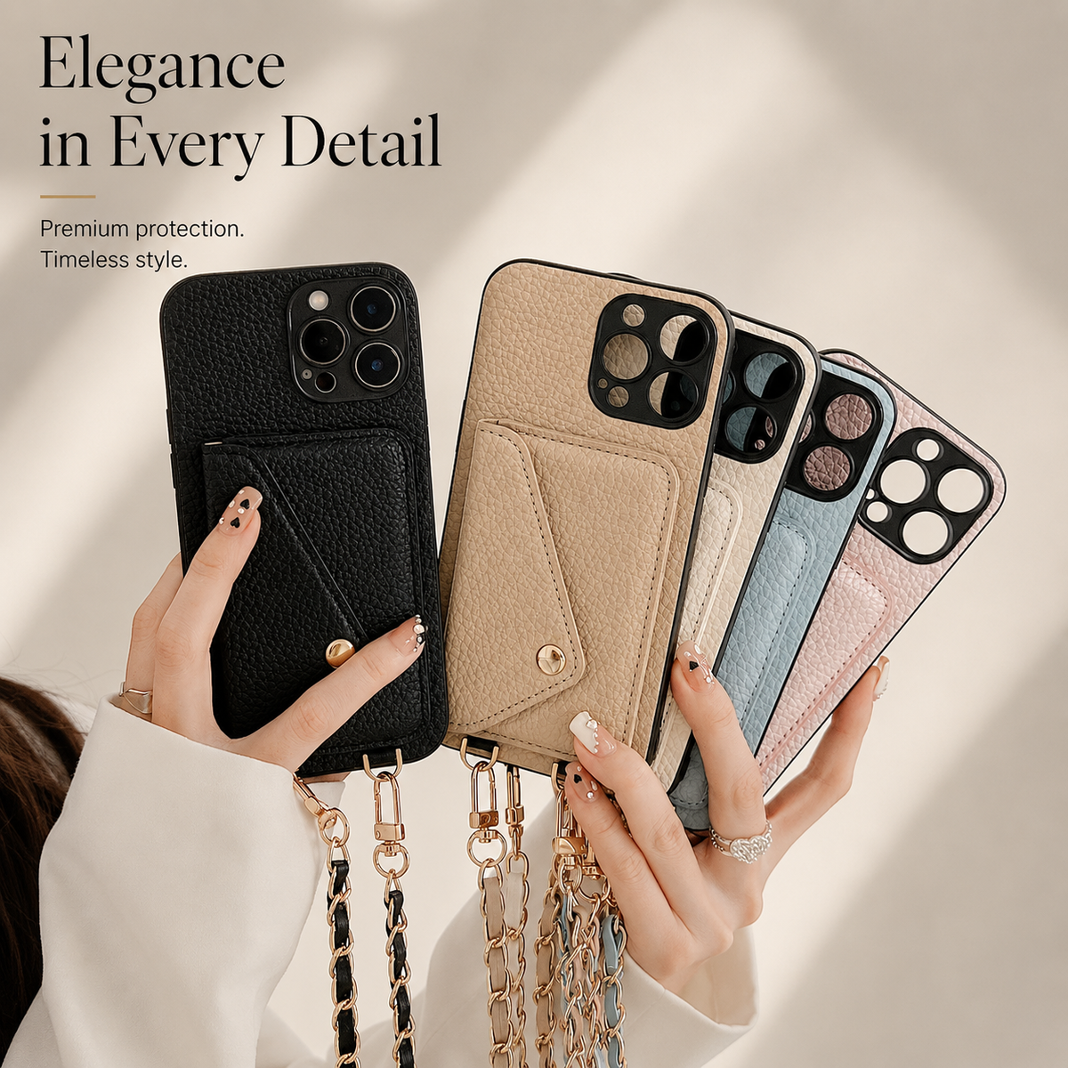 Hands fan out five pebbled phone wallets in black, taupe, cream, blue, and pink. Each has an envelope pocket with a snap and a woven chain hanging below.