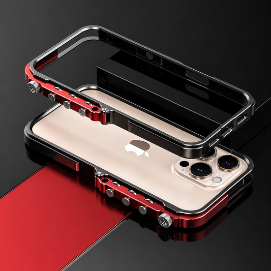 A red-and-black bumper frame floats above a pale phone, showing screw-fastened side pieces and an open back.