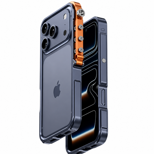 Front and rear views show a navy phone inside a thin metal-looking bumper, with an orange side rail fitted with exposed silver screws and a round loop.