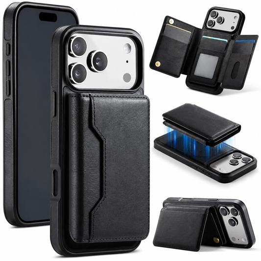 A collage shows a black phone case with a folding back wallet, opened card panels, detached wallet and landscape stand position. The stitched wallet covers the back below the camera panel.