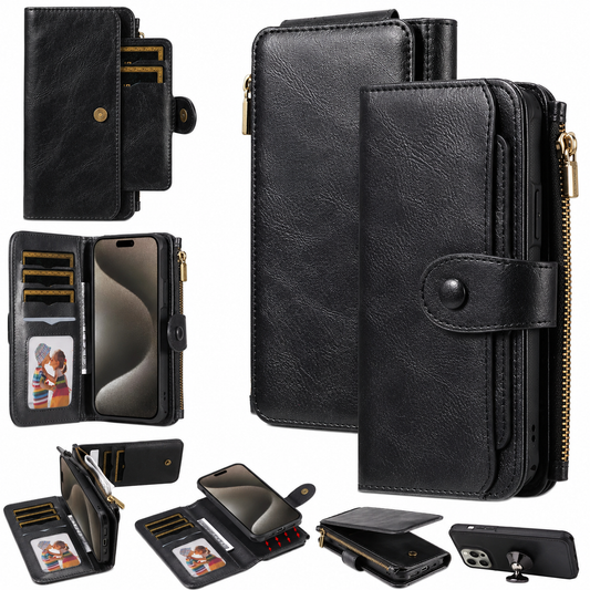 A collage shows a black leather-look wallet phone case closed and open. Details reveal a snap-tab closure, gold-colored zipper, stacked card slots, clear photo pocket and removable phone cover.
