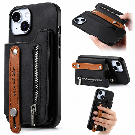 A black phone case with a rear zippered wallet and brown finger strap is shown beside smaller views of the strap in use, the case propped horizontally and a hand holding it.